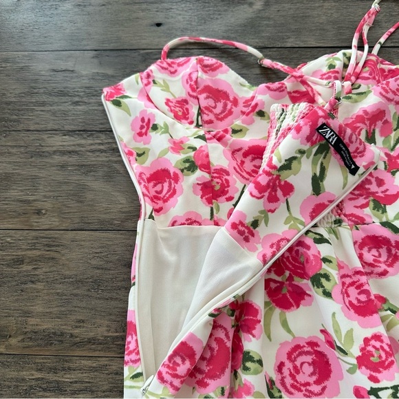 Zara XS Rose Floral Print Mini Dress Smocked Back Spring Easter Wedding Party - Picture 8 of 14